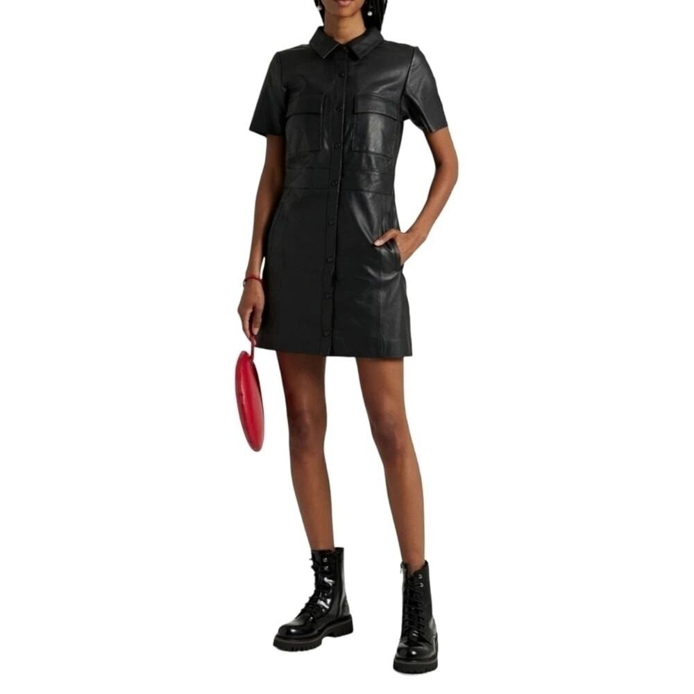 Walter Baker Finley Black Lambskin Leather Mini Shirt Dress Medium M NWOT $698